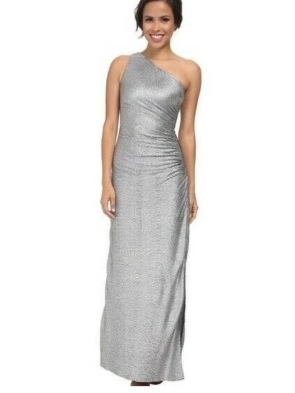 Laundry By Shelli Segal Metallic Silver One Shoulder Gown Long Dress